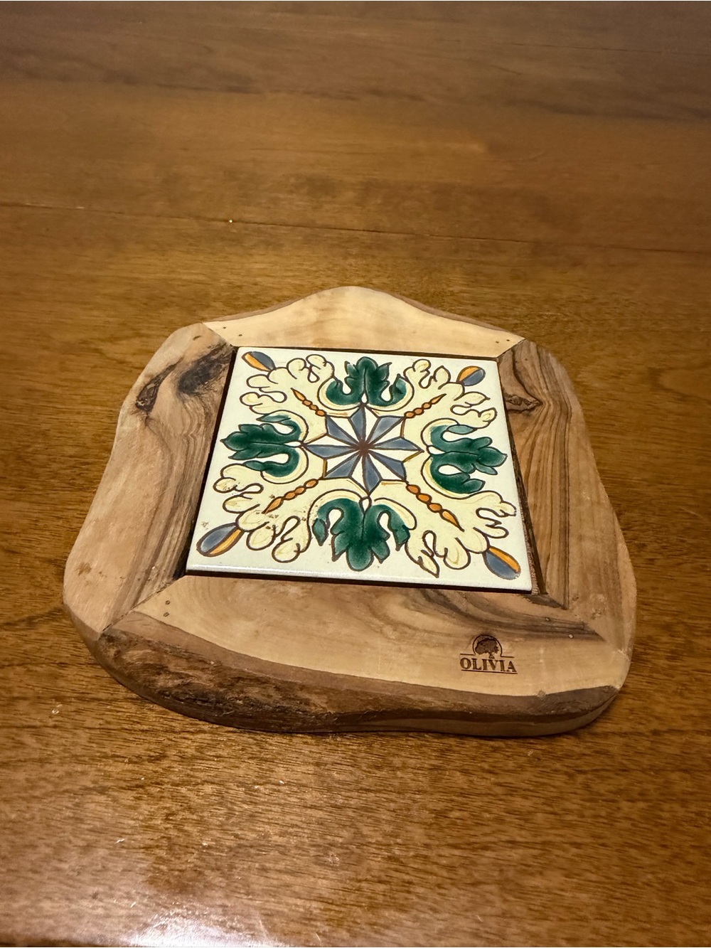 Olivia Wood & Tile Trivet with Green Floral Tile